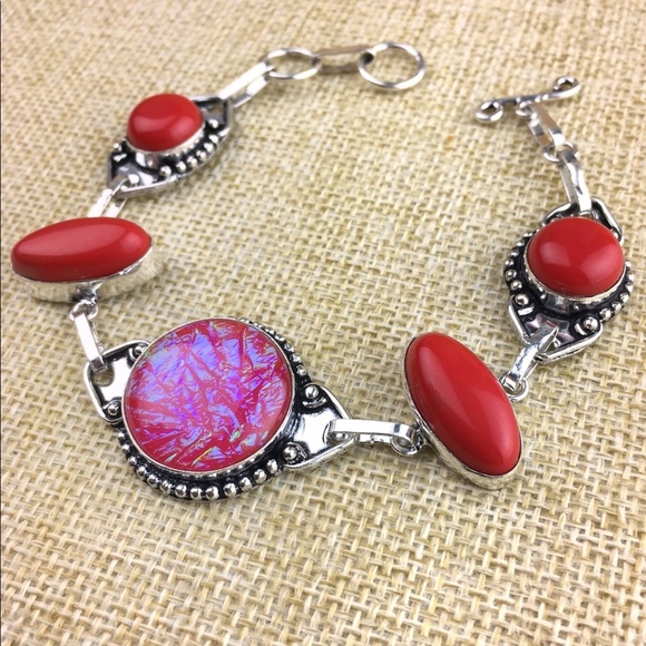 New Pink Dichroic Iridescent Triplet Opal & Coral Silver Overlay Bracelet - Picture 3 of 8